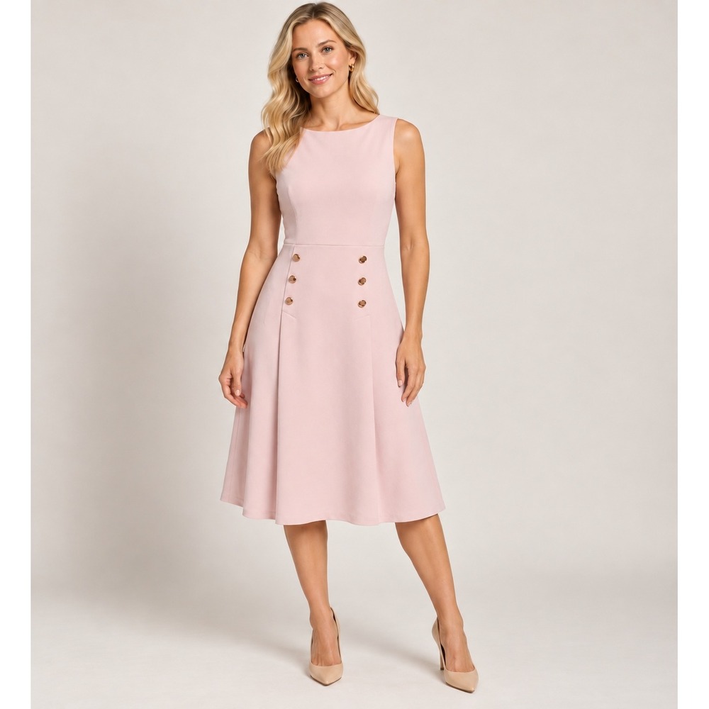 Ivanka Trump Women Blush Pink Sleeveless Fit & Flare Dress Rose Gold Buttons 10